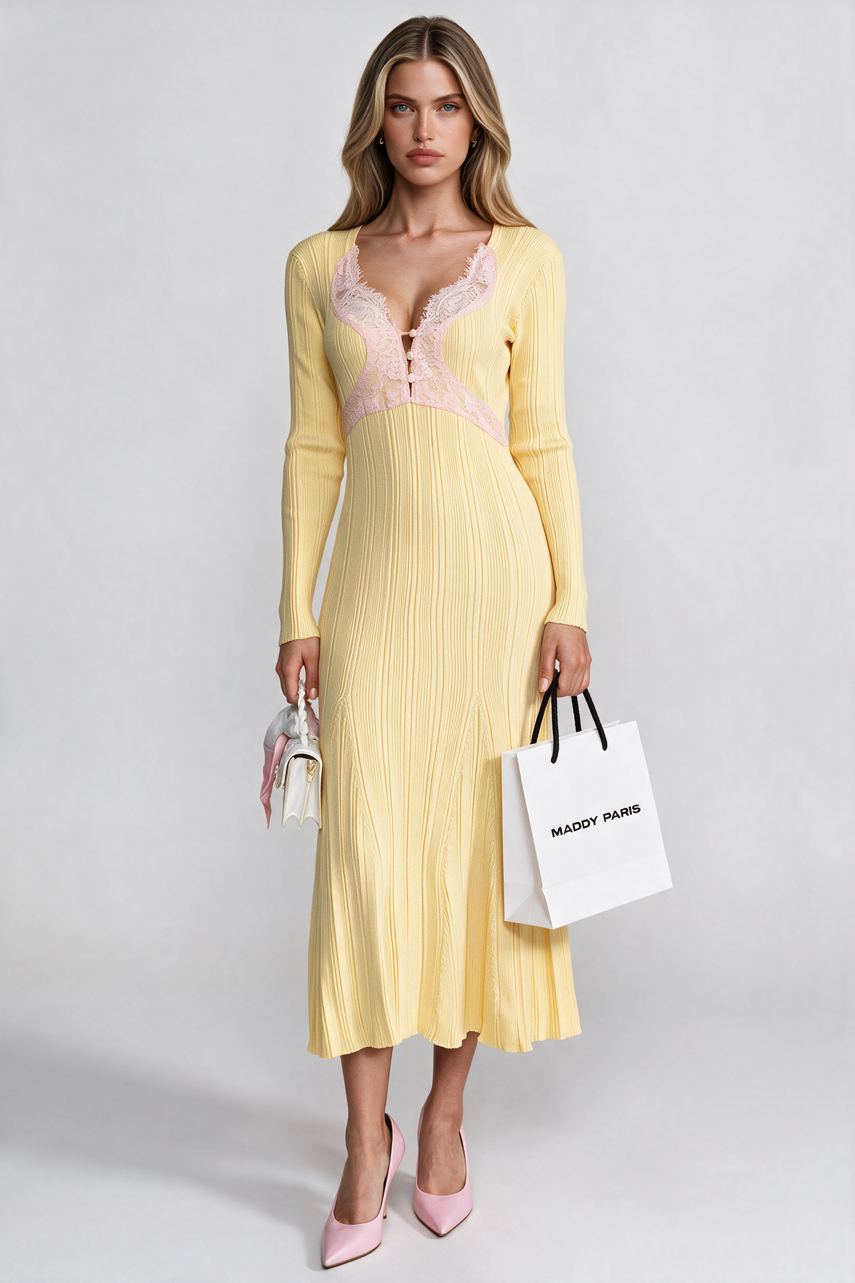 Ribbed Long Sleeve Midi Dress With Lace-Trim V-Neckline - Yellow