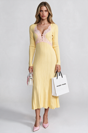 Leontine Yellow Ribbed Long Sleeve Midi Dress With Lace-Trim V-Neckline