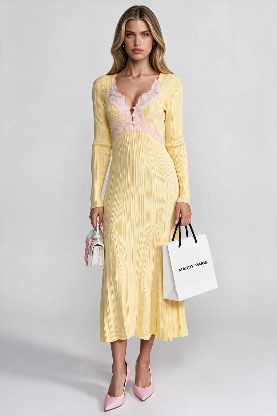 Ribbed Long Sleeve Midi Dress With Lace-Trim V-Neckline - Yellow