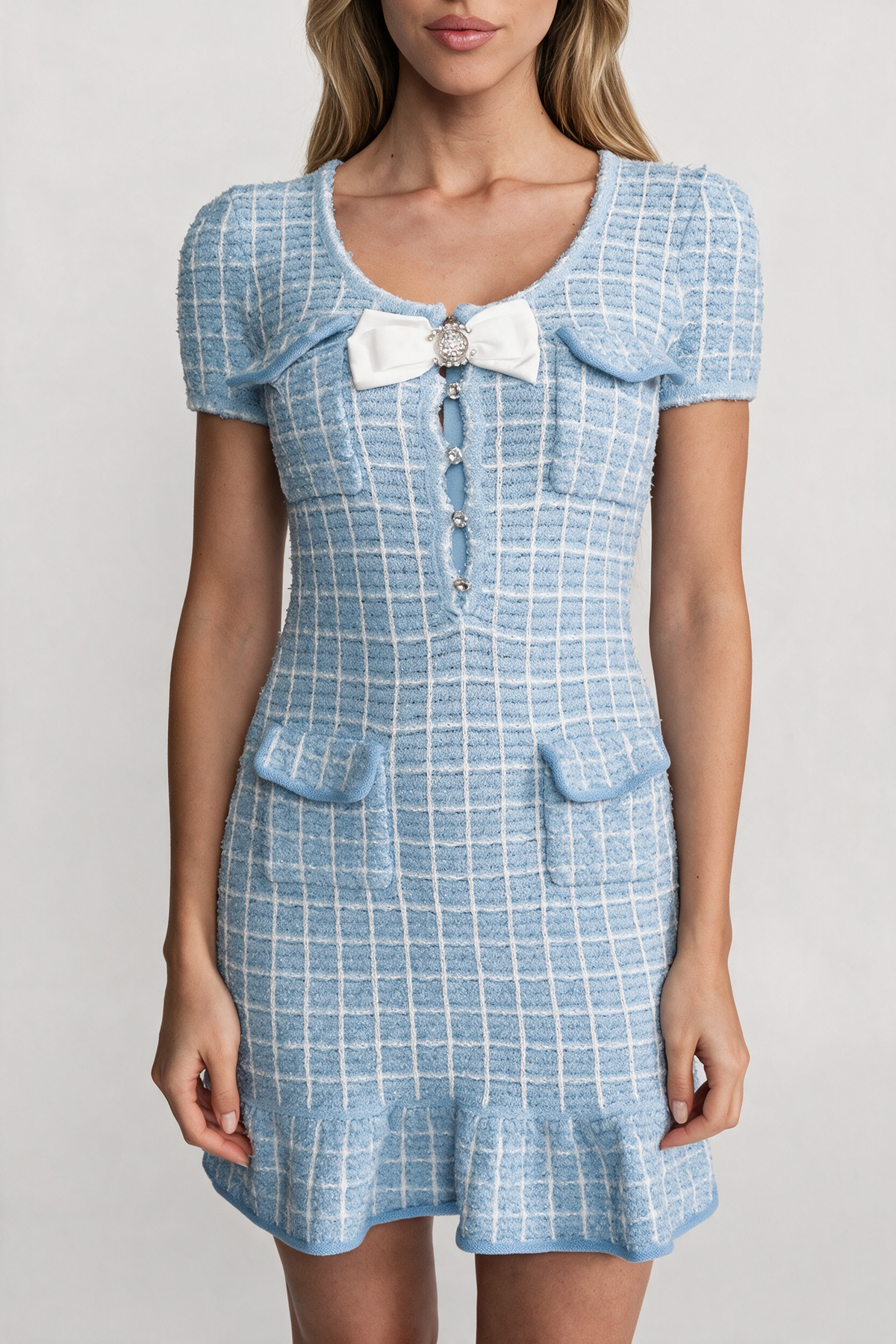 Textured Tweed Mini Dress with Bow Detail – Light Blue
