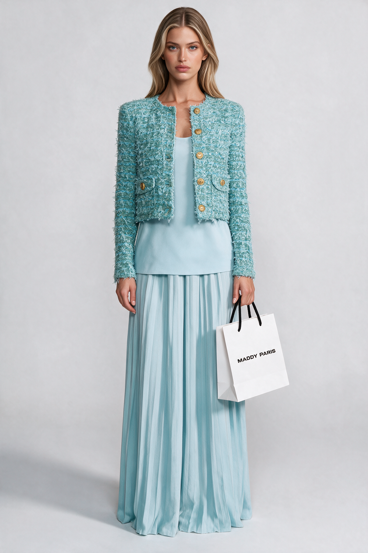 Textured Tweed Jacket With Gold Button Embellishments – Blue