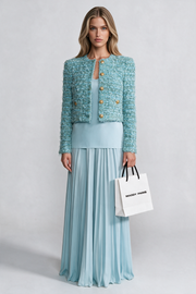 Viola Blue Textured Tweed Jacket With Gold Button Embellishments