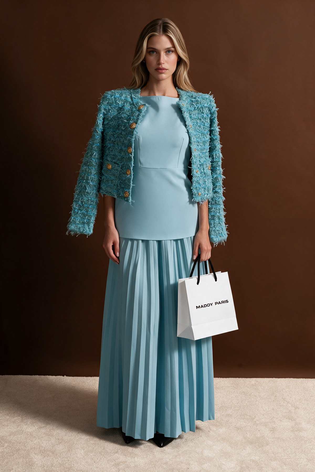 Textured Tweed Jacket With Gold Button Embellishments – Blue