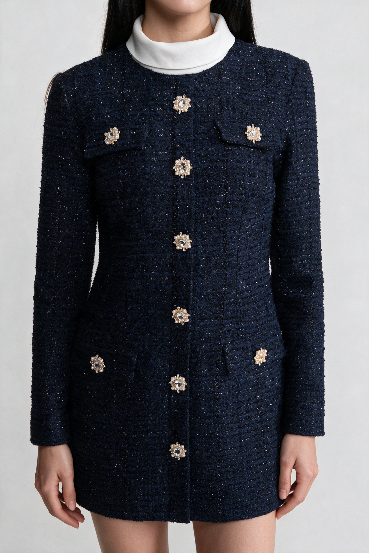 Textured Tweed Mini Dress with Crystal Button Embellishments – Navy