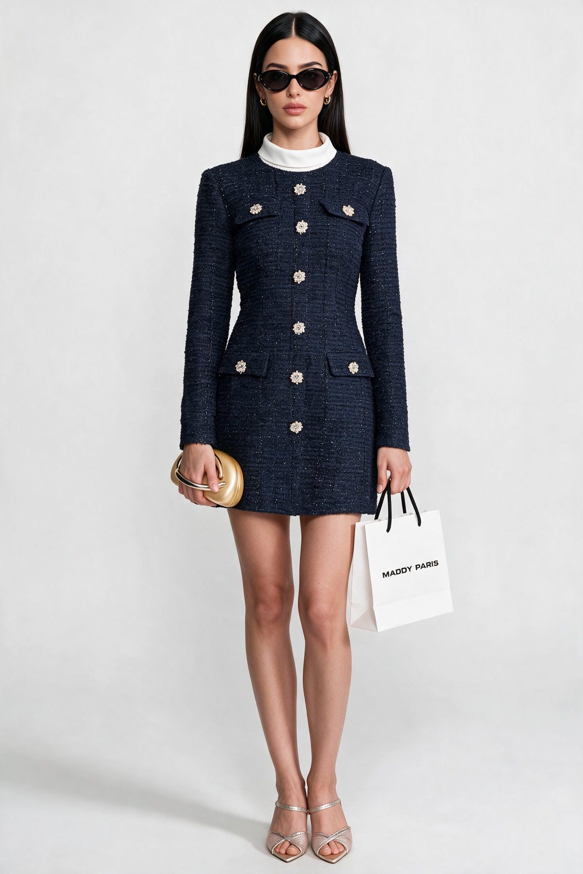 Textured Tweed Mini Dress with Crystal Button Embellishments – Navy