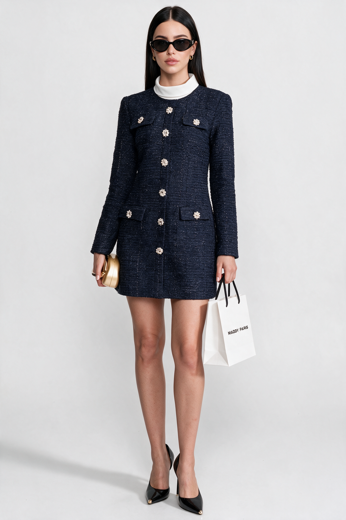 Textured Tweed Mini Dress with Crystal Button Embellishments – Navy
