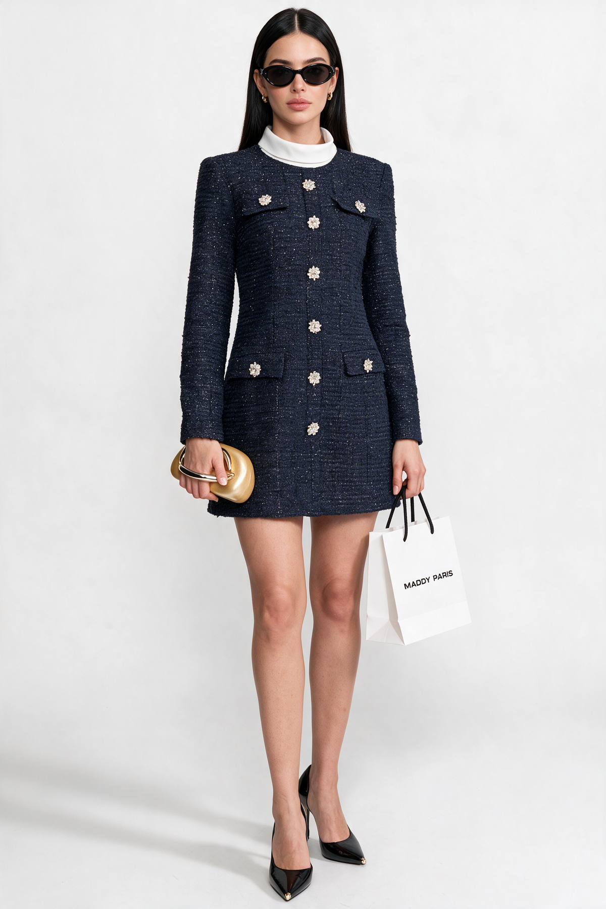 Textured Tweed Mini Dress with Crystal Button Embellishments – Navy