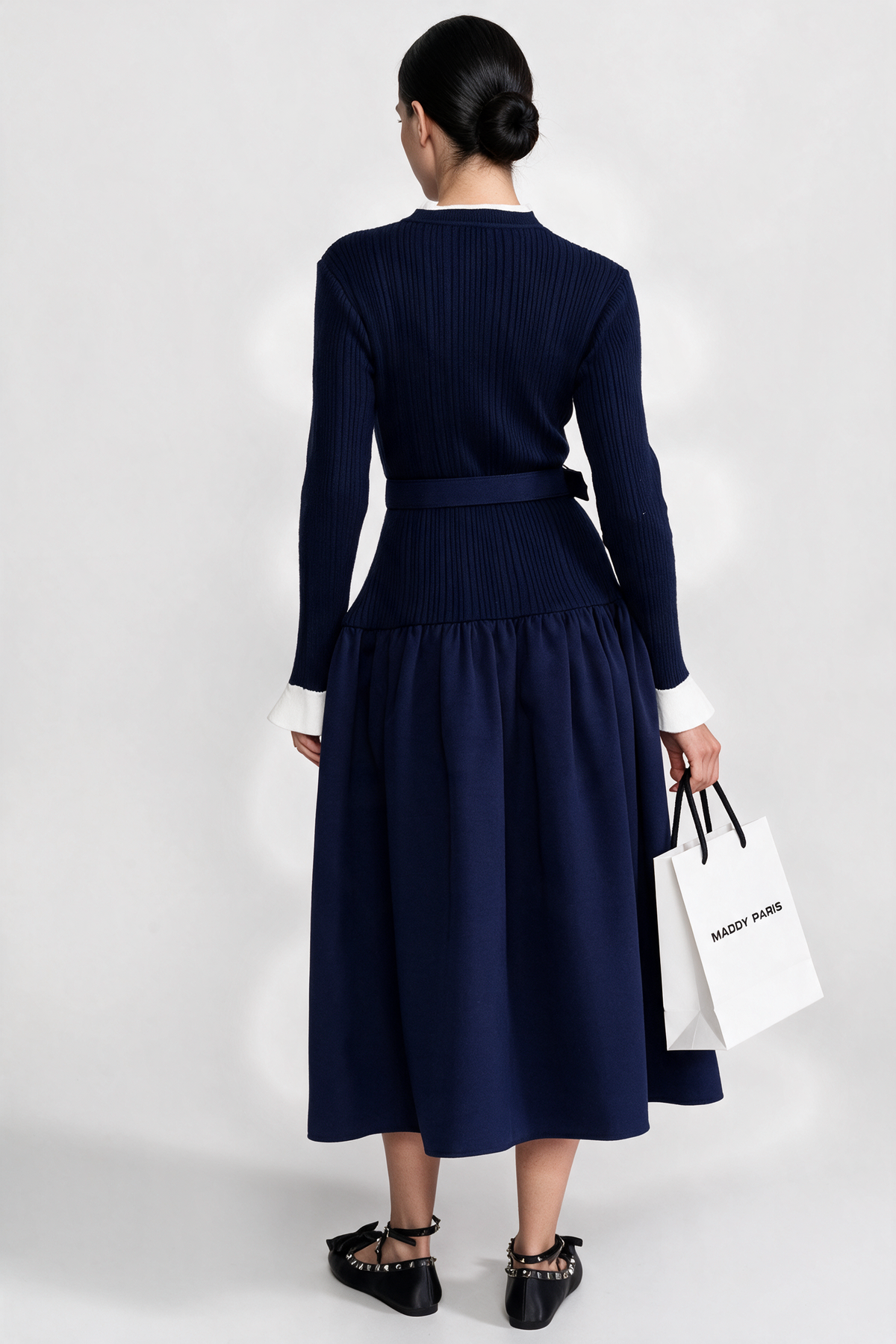 Ribbed Knit Midi Dress with Pleated Skirt and Belted Waist – Navy