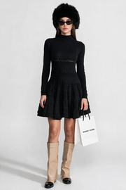 Ludovica Black Textured Knit Mini Dress with Flared Skirt