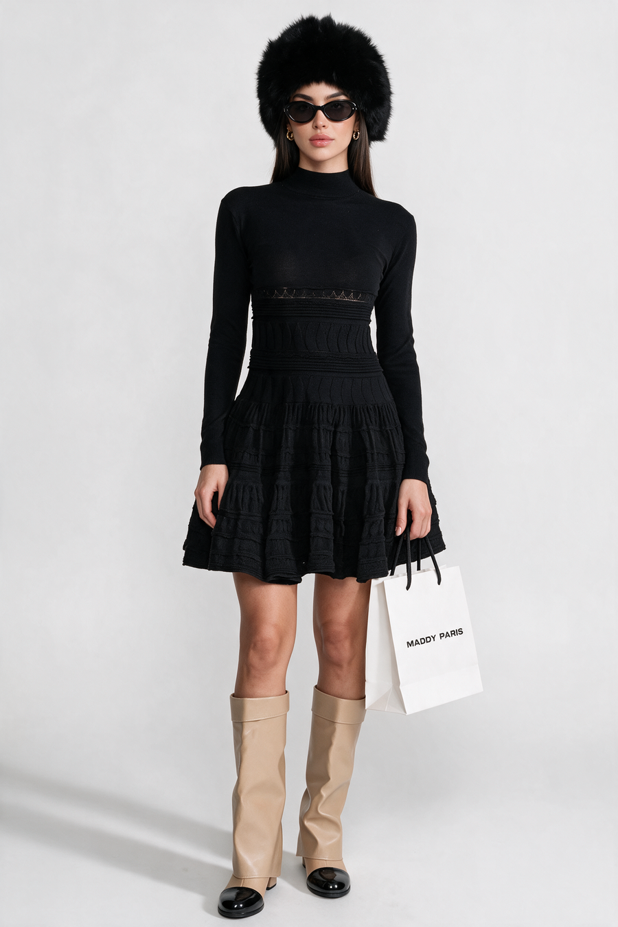 Textured Knit Mini Dress with Flared Skirt - Black