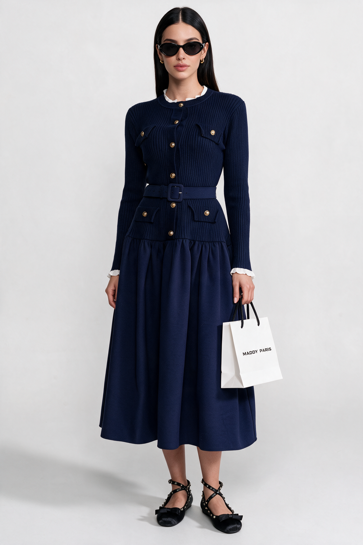 Ribbed Knit Midi Dress with Pleated Skirt and Belted Waist – Navy