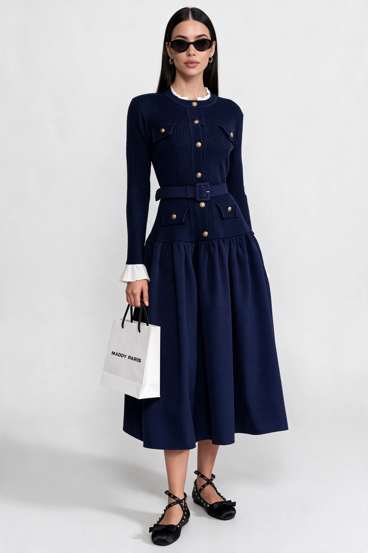 Ribbed Knit Midi Dress with Pleated Skirt and Belted Waist – Navy