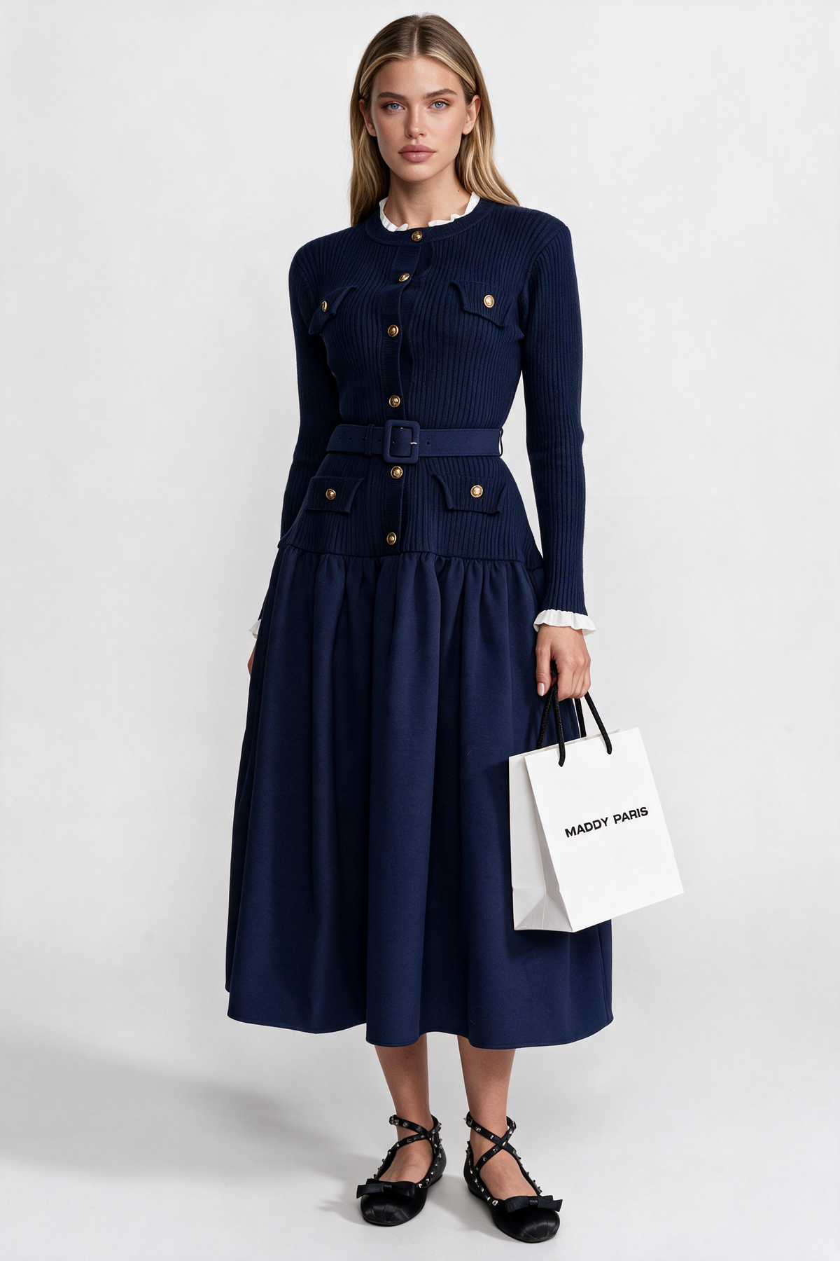 Ribbed Knit Midi Dress with Pleated Skirt and Belted Waist – Navy