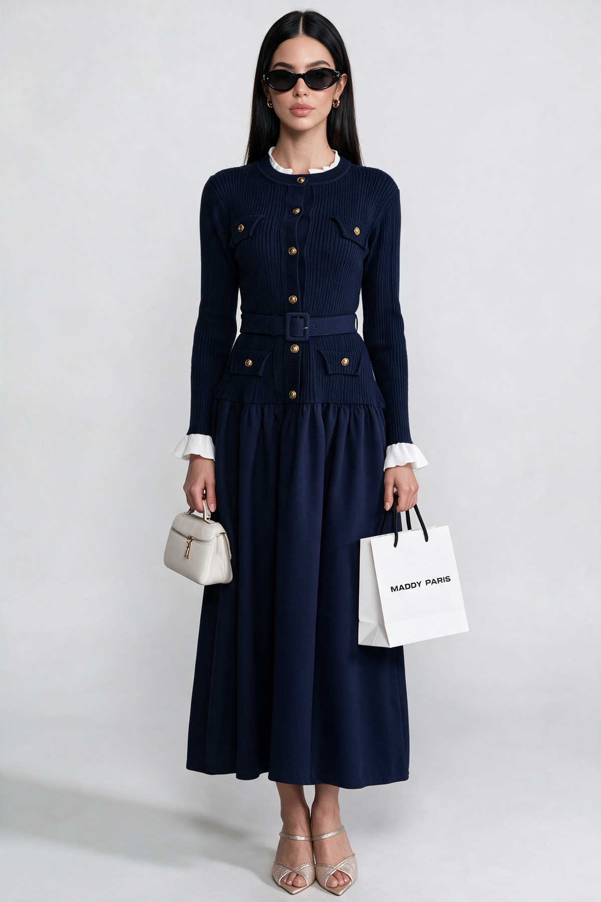 Ribbed Knit Midi Dress with Pleated Skirt and Belted Waist – Navy