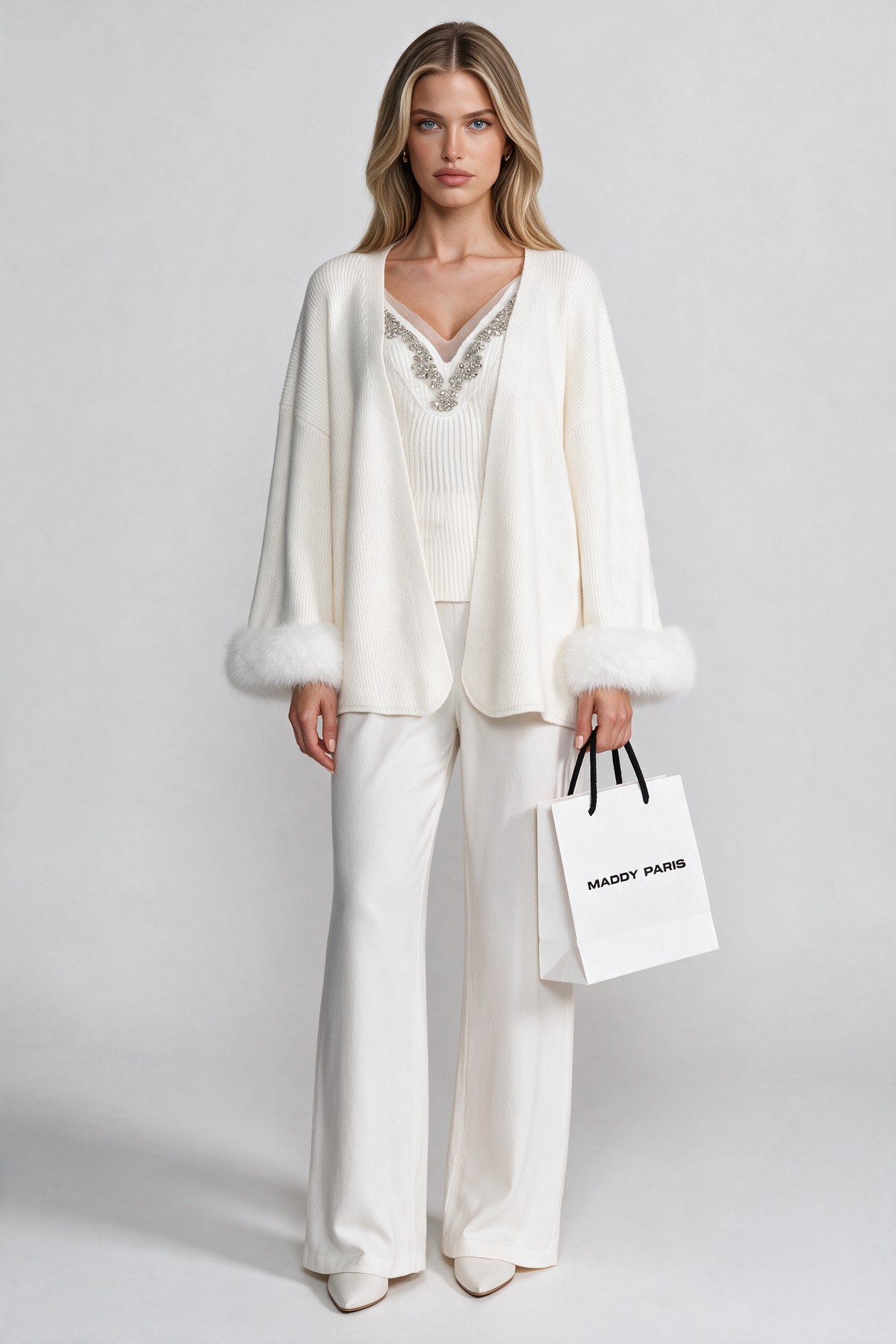 Knit Two Piece Set With Crystal Embellishments And Trim Cuffs - White