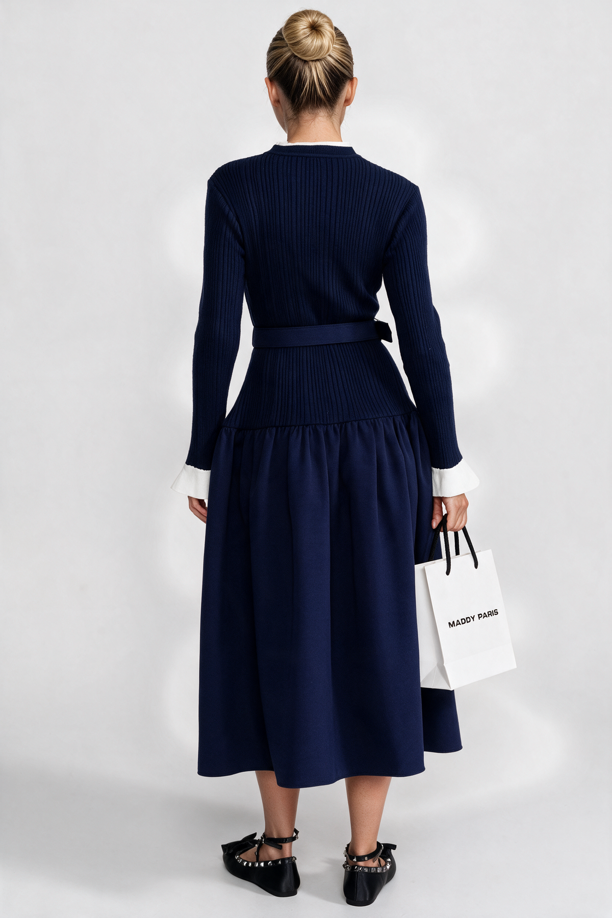 Ribbed Knit Midi Dress with Pleated Skirt and Belted Waist – Navy