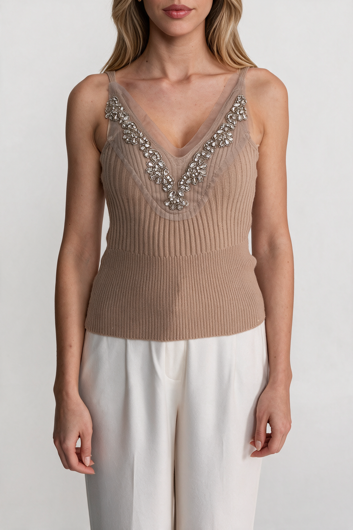 Knit Two Piece Set With Crystal Embellishments And Trim Cuffs - Beige
