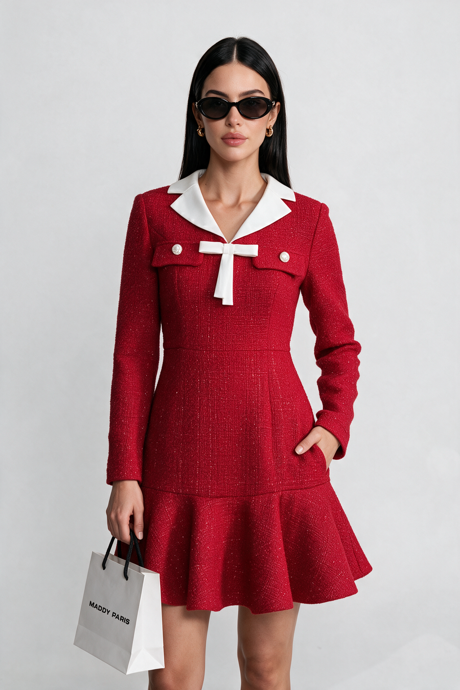 Tweed Fit-and-Flare Dress With Contrast Collar and Bow Detail – Red