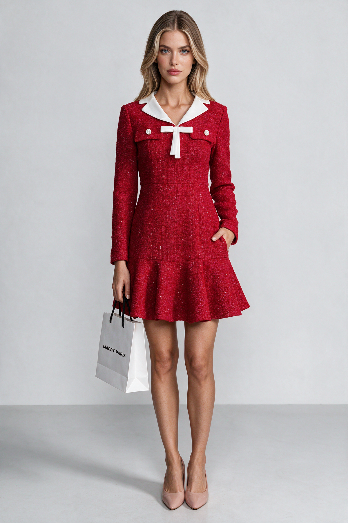 Tweed Fit-and-Flare Dress With Contrast Collar and Bow Detail – Red