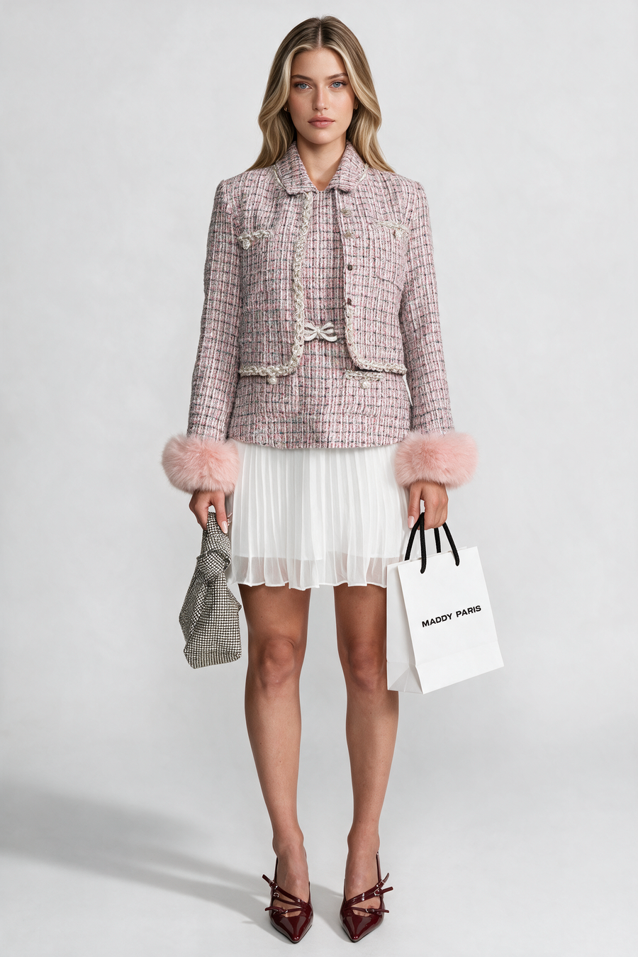 Tweed Cropped Jacket with Faux Fur Cuffs - Pink