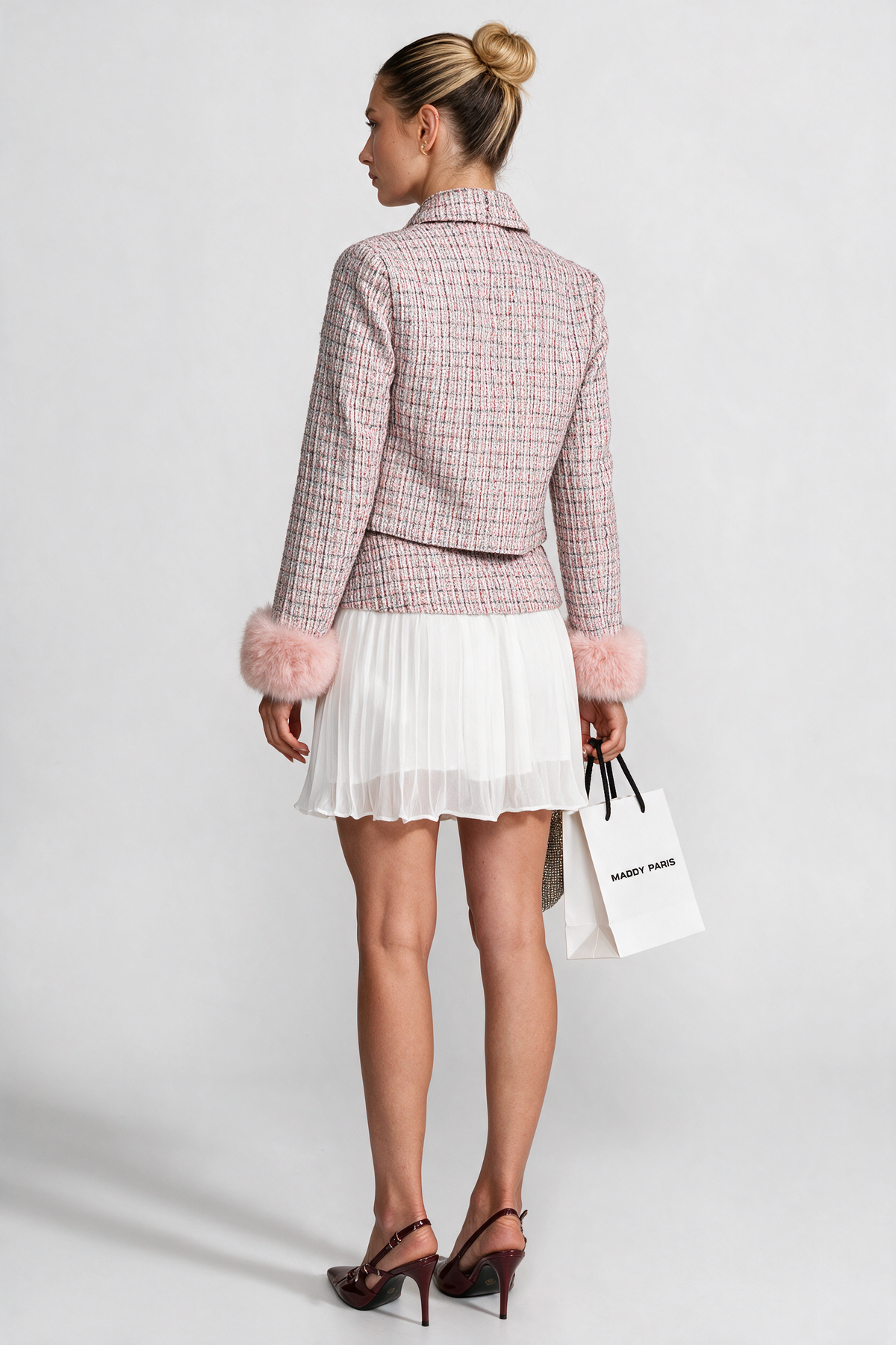 Tweed Cropped Jacket with Faux Fur Cuffs - Pink