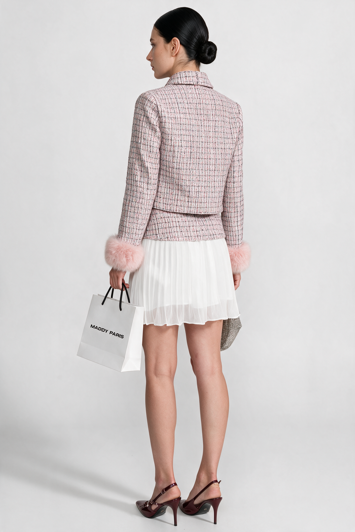 Tweed Cropped Jacket with Faux Fur Cuffs - Pink