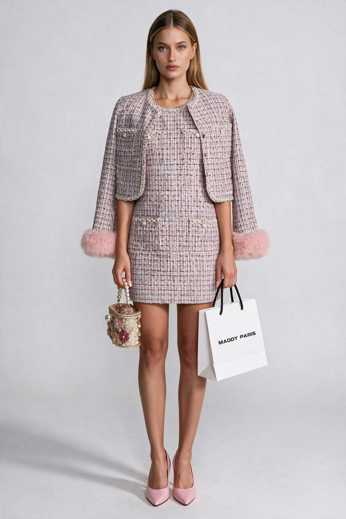 Tweed Cropped Jacket with Faux Fur Cuffs - Pink