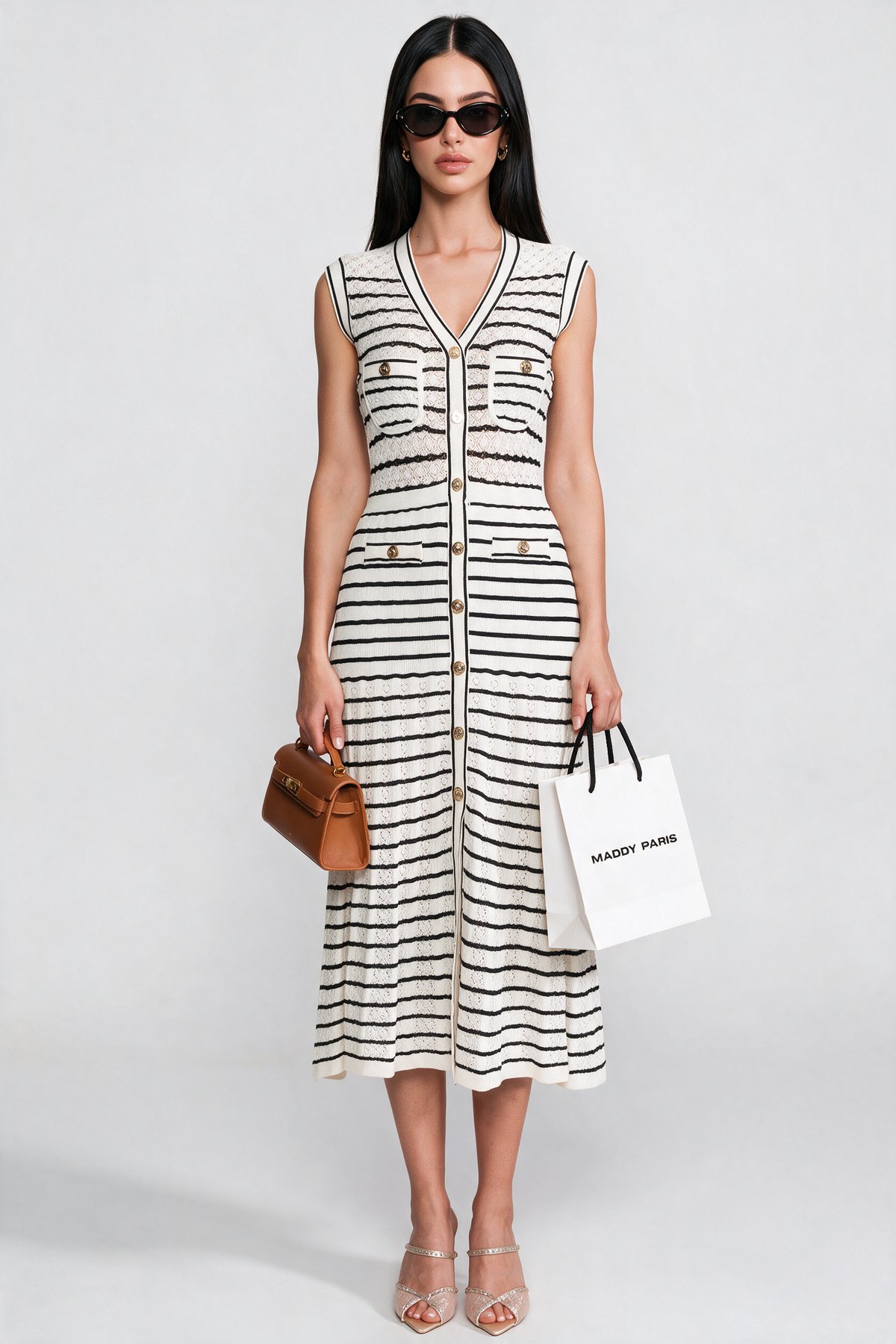 Striped Sleeveless Knit Midi Dress With V-Neck And Gold Buttons - White/Black