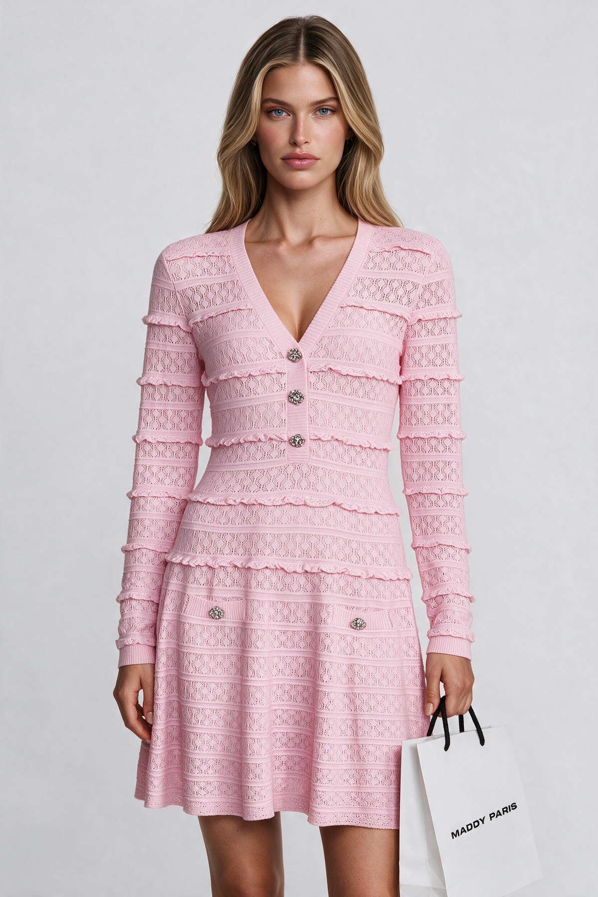 Pointelle Knit Mini Dress With Ruffle Trims And Jewel Buttons – Pink
