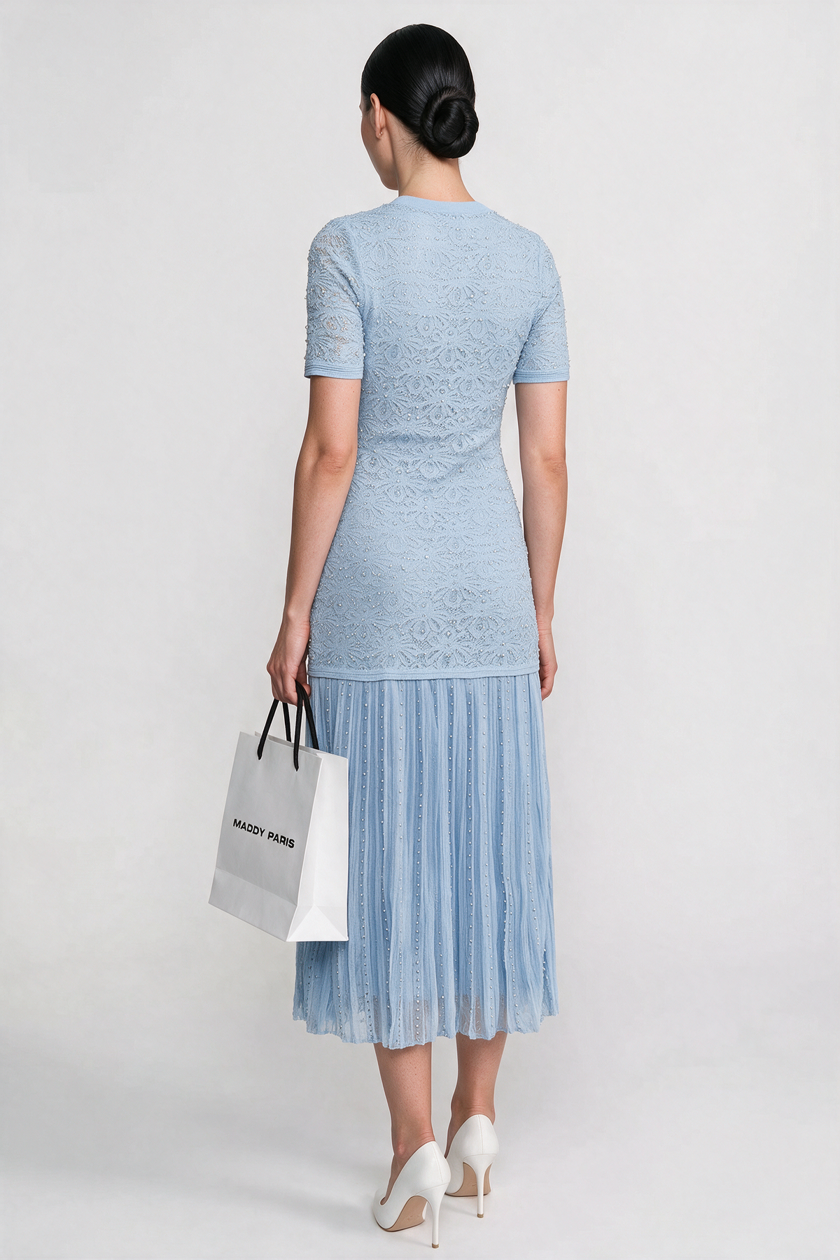 Celestine Powder Blue Short Sleeve Midi Dress With Pearl Embellishments