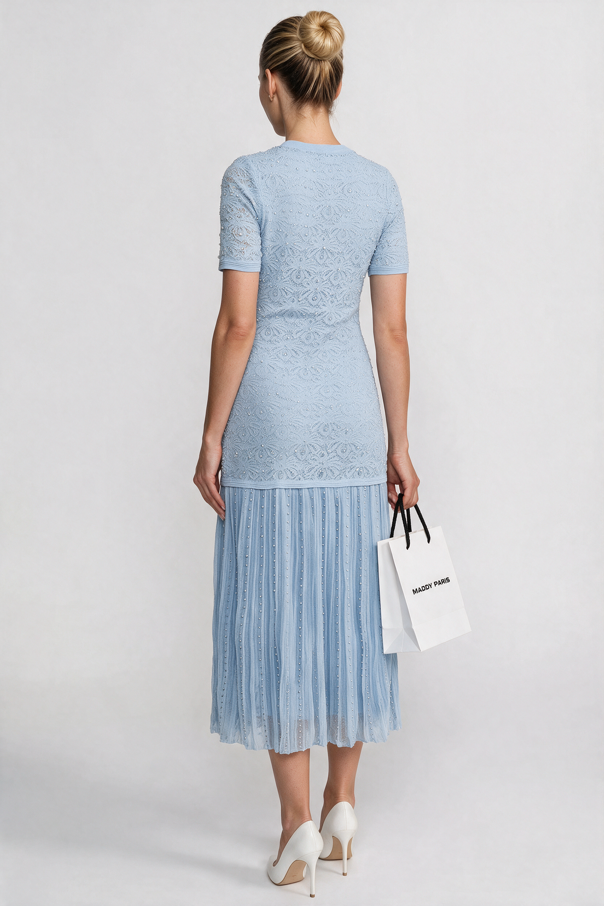 Celestine Powder Blue Short Sleeve Midi Dress With Pearl Embellishments