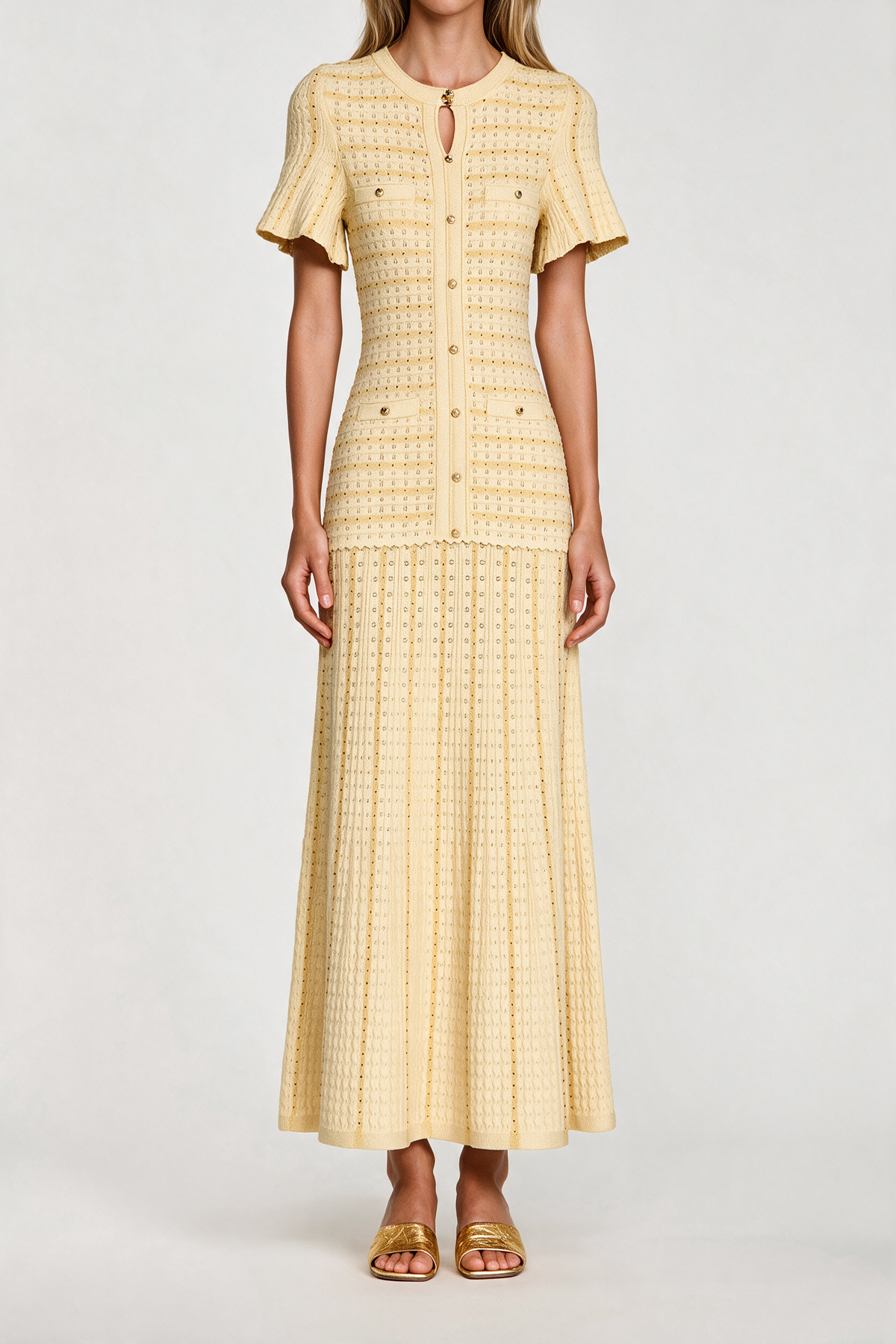 Sandro Victoire Rhinestone Knit Maxi Dress in - Gold