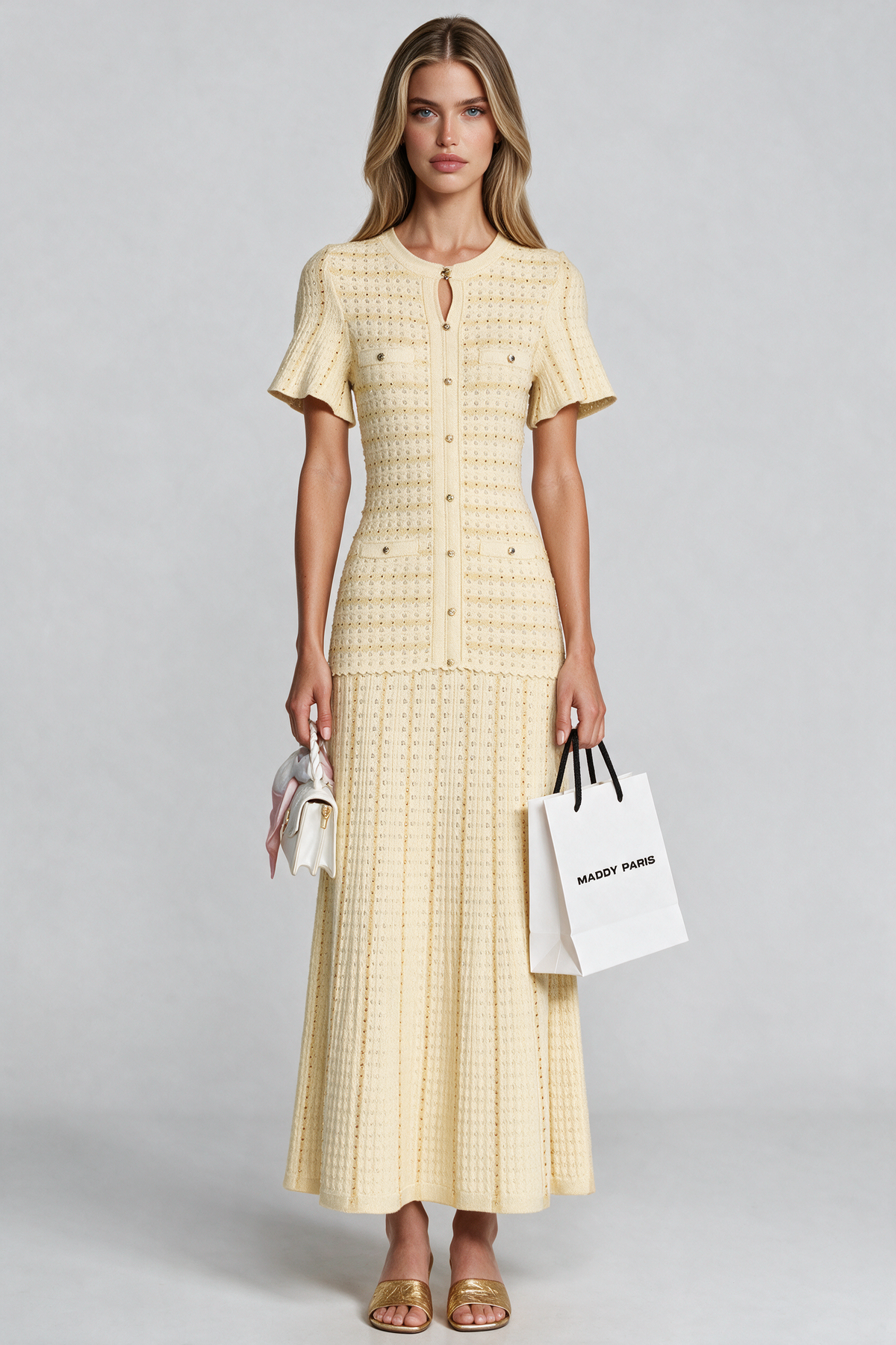 Sandro Victoire Rhinestone Knit Maxi Dress in - Gold