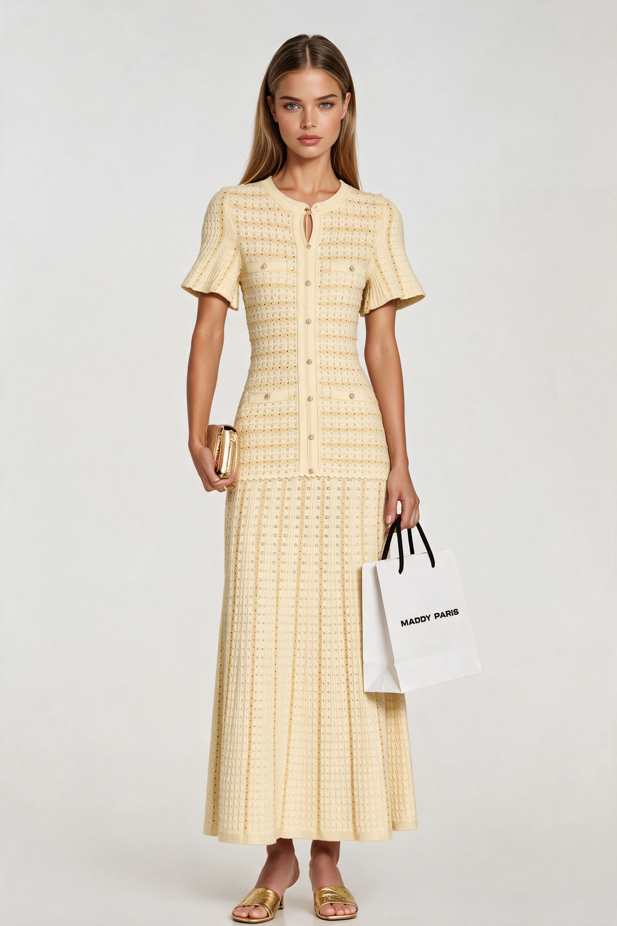 Sandro Victoire Rhinestone Knit Maxi Dress in - Gold
