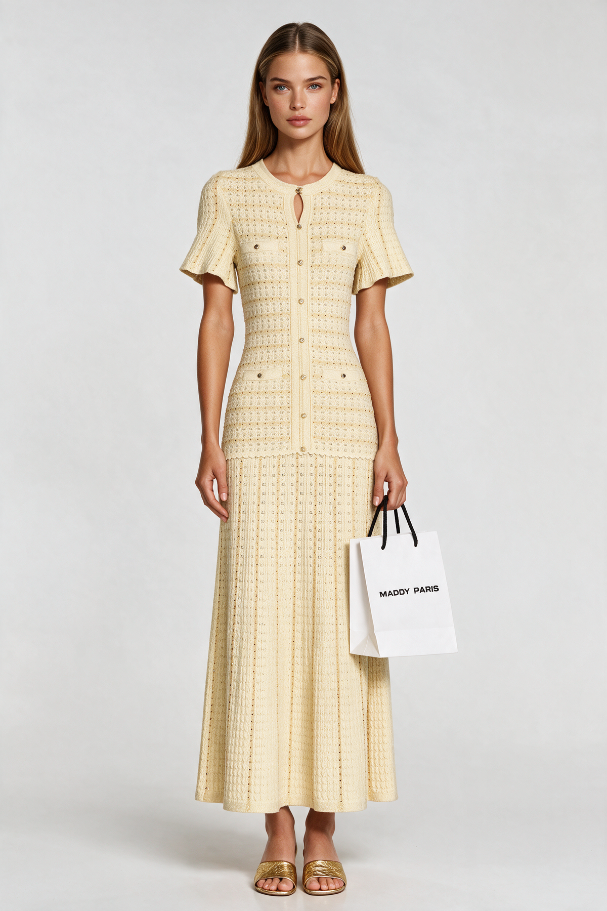 Sandro Victoire Rhinestone Knit Maxi Dress in - Gold