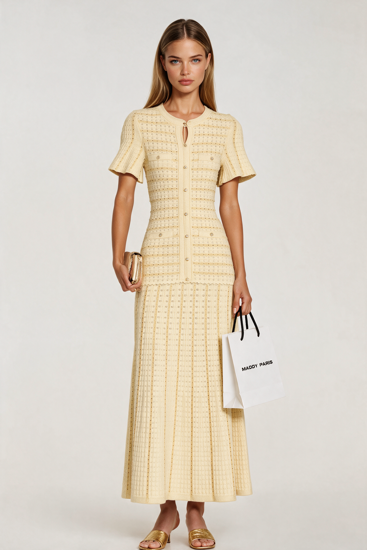 Sandro Victoire Rhinestone Knit Maxi Dress in - Gold