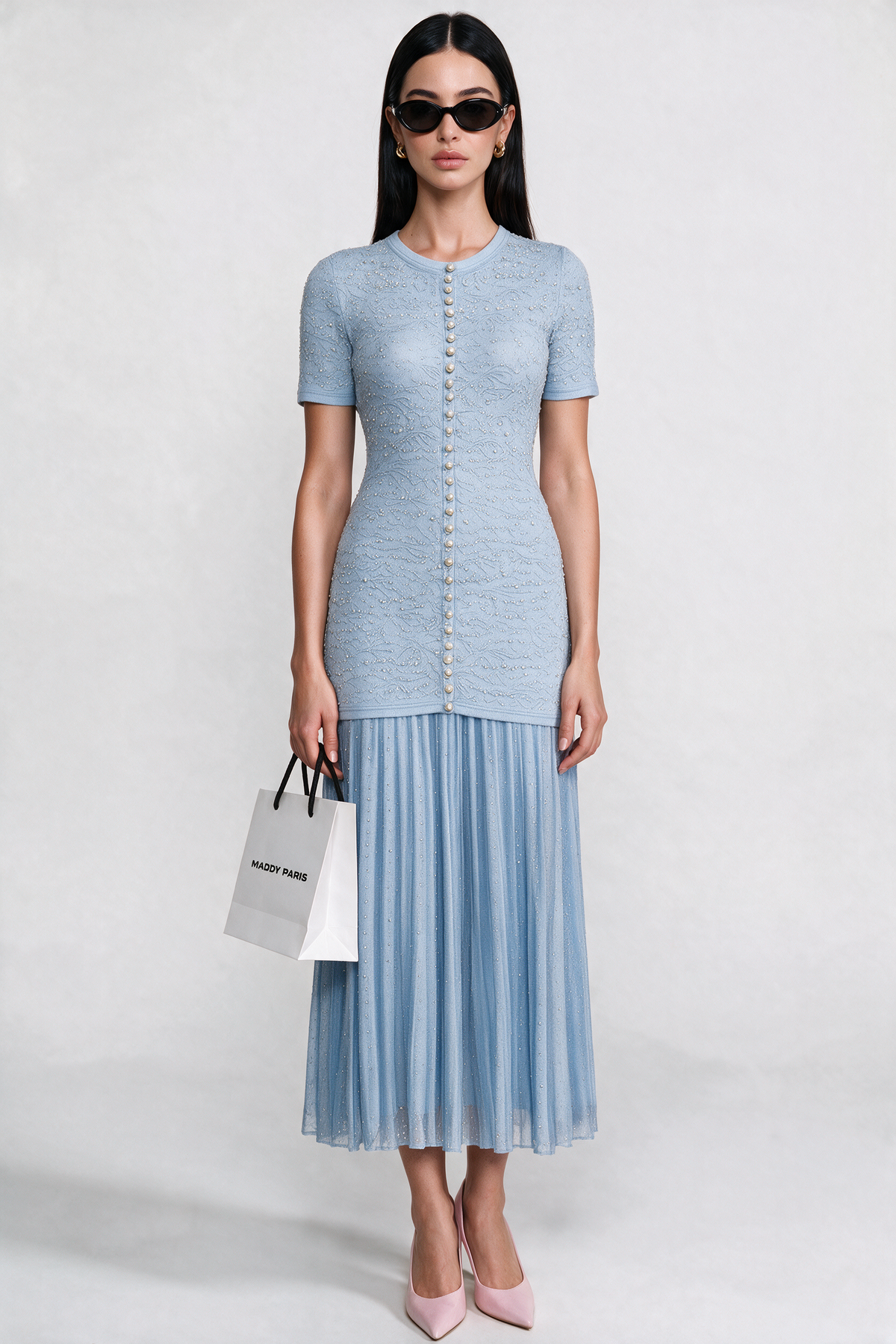 Celestine Powder Blue Short Sleeve Midi Dress