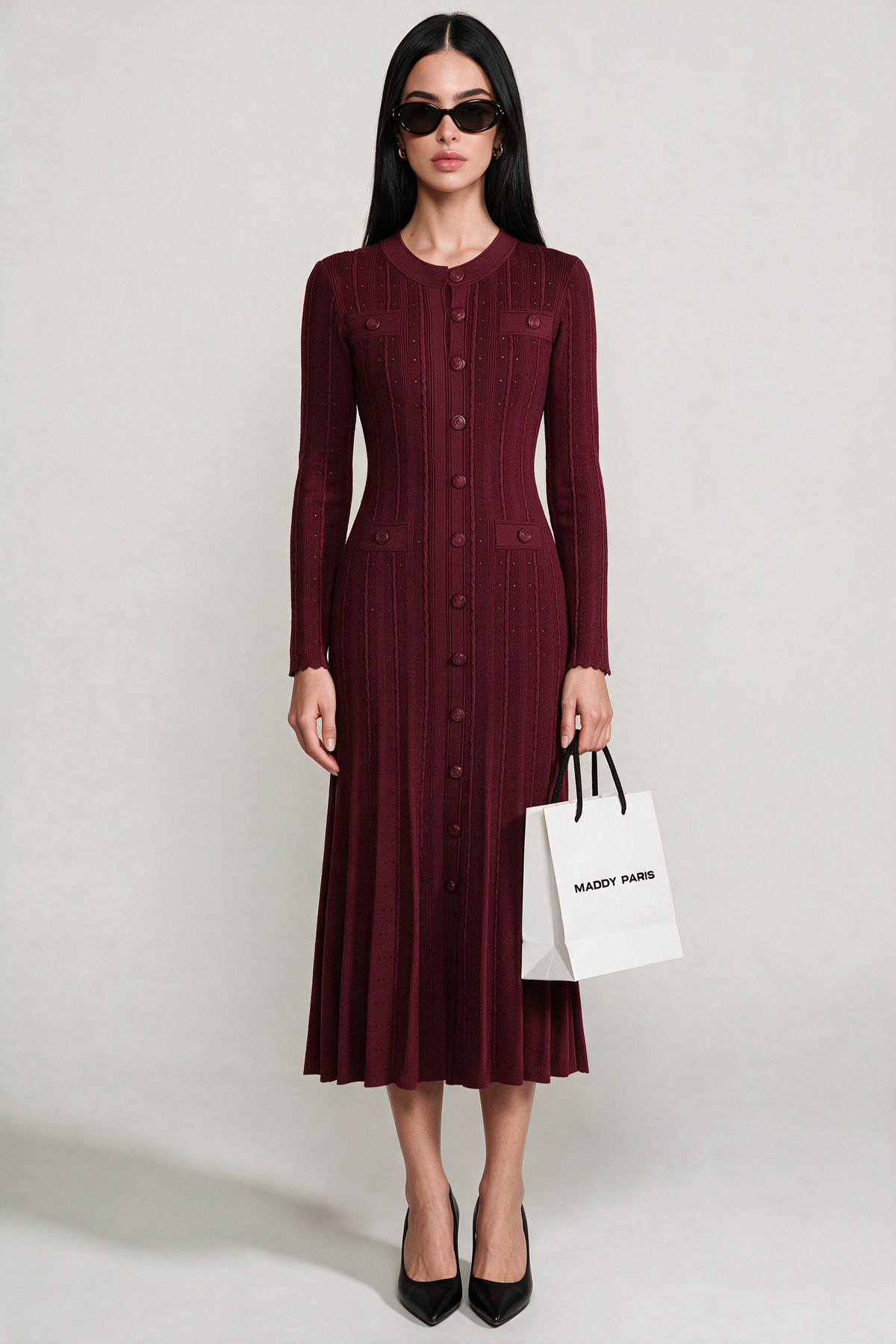 SANDRO GISELLE CREPE LONG SLEEVE MIDI DRESS - CHERRY RED