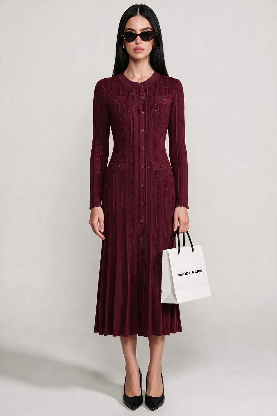 SANDRO GISELLE CREPE LONG SLEEVE MIDI DRESS - CHERRY RED