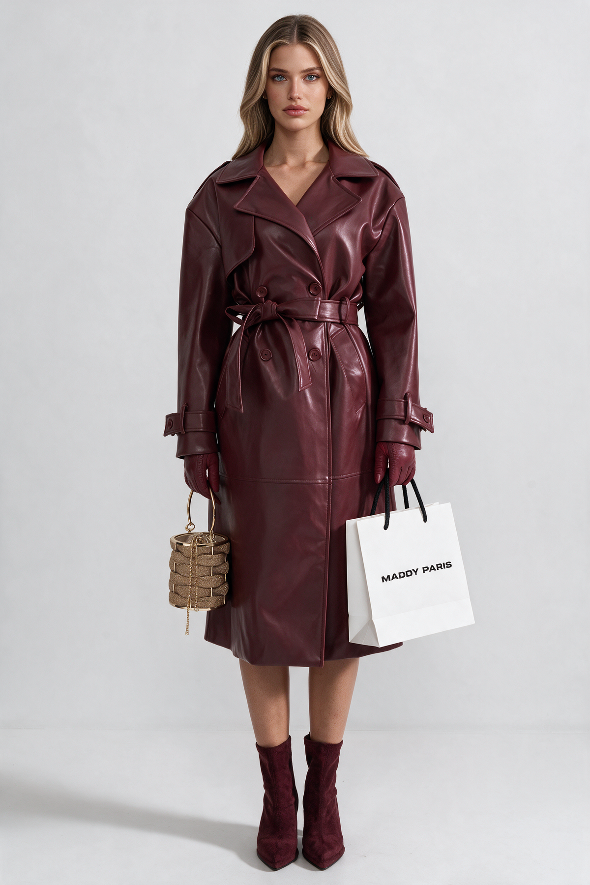 Vegan Leather Trench Coat - Burgundy