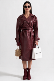 Cosima Vegan Leather Trench Coat - Burgundy
