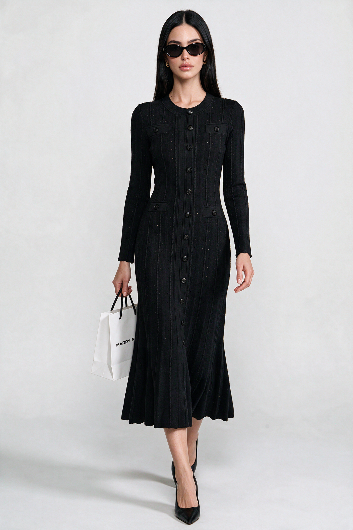 SANDRO GISELLE CREPE LONG SLEEVE MIDI DRESS - BLACK