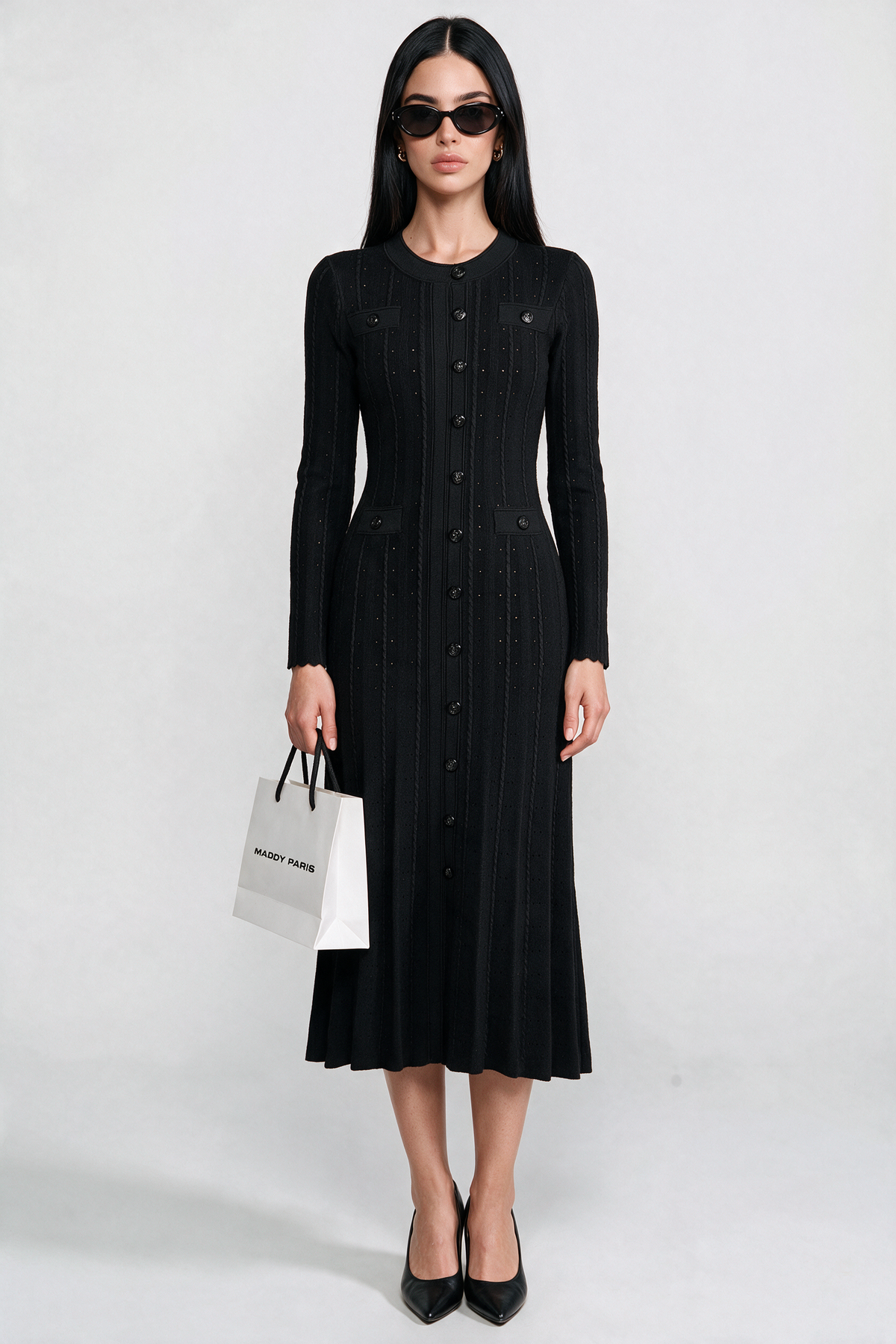 SANDRO GISELLE CREPE LONG SLEEVE MIDI DRESS - BLACK