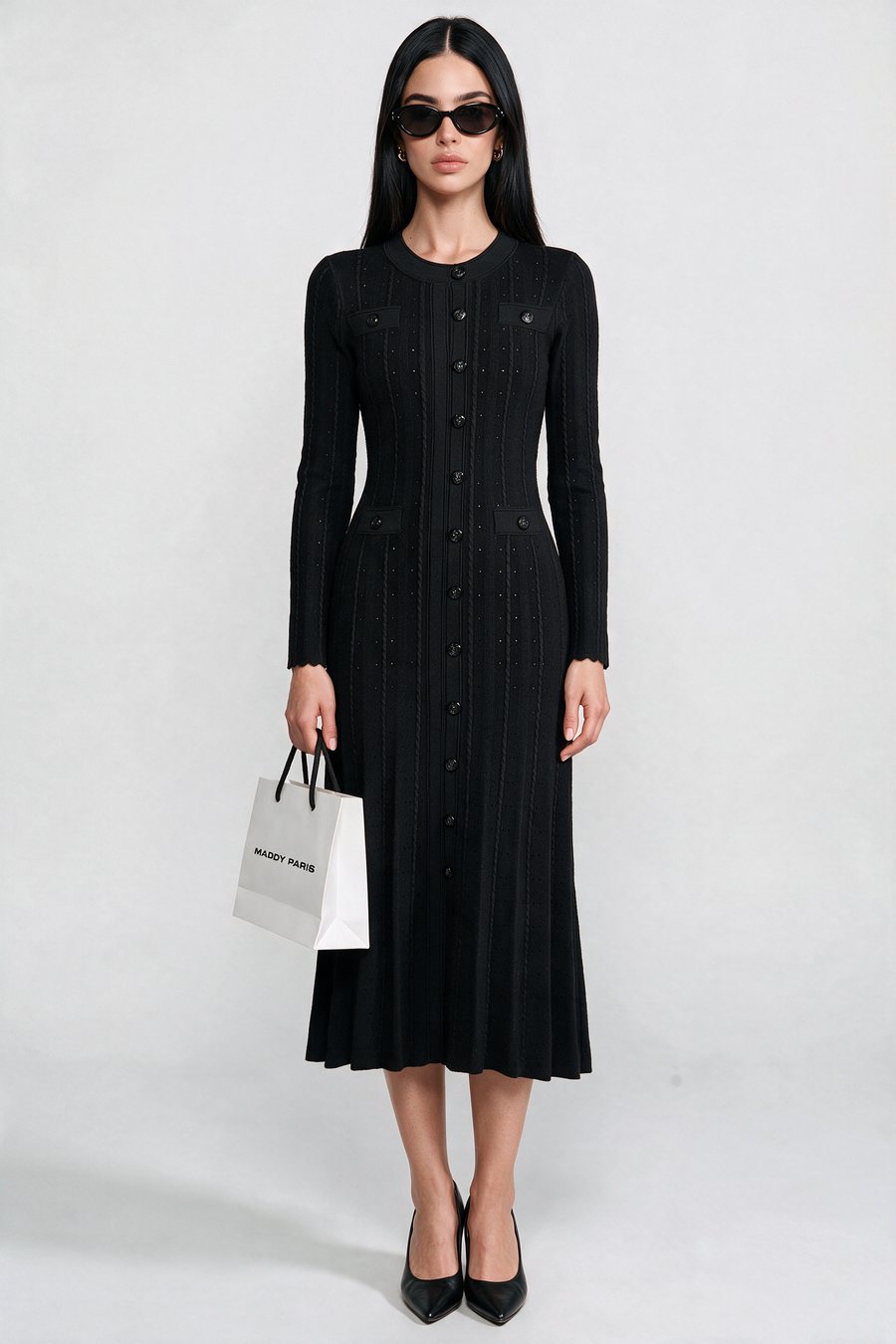SANDRO GISELLE CREPE LONG SLEEVE MIDI DRESS - BLACK