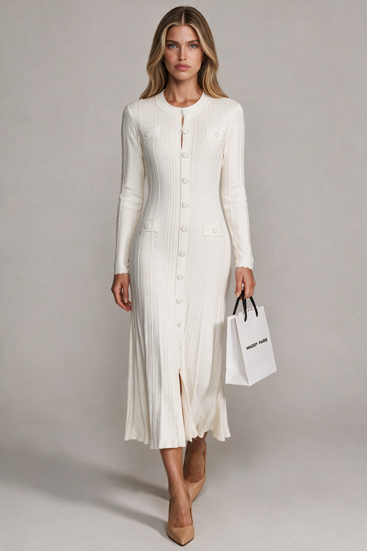 SANDRO GISELLE CREPE LONG SLEEVE MIDI DRESS - WHITE