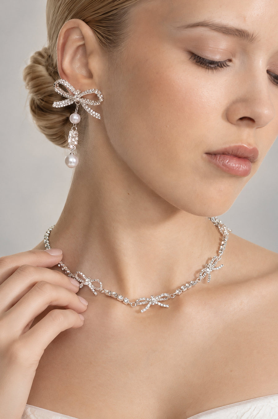 Arlette Silver Crystal Bow Necklace and Pearl Drop Earrings Set