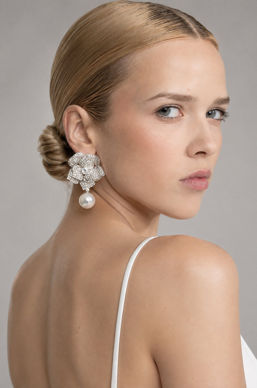 Maud Silver Crystal Camellia Pearl Drop Earrings
