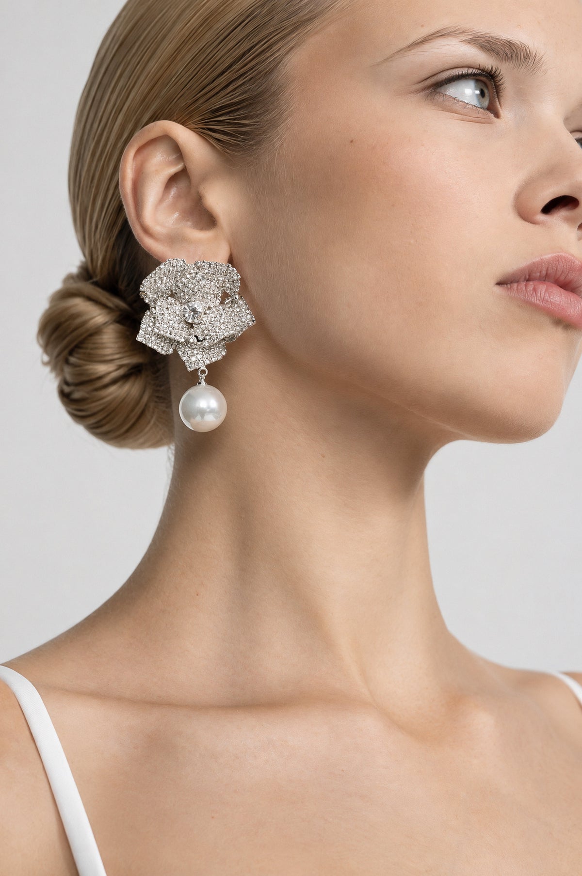 Maud Silver Crystal Camellia Pearl Drop Earrings