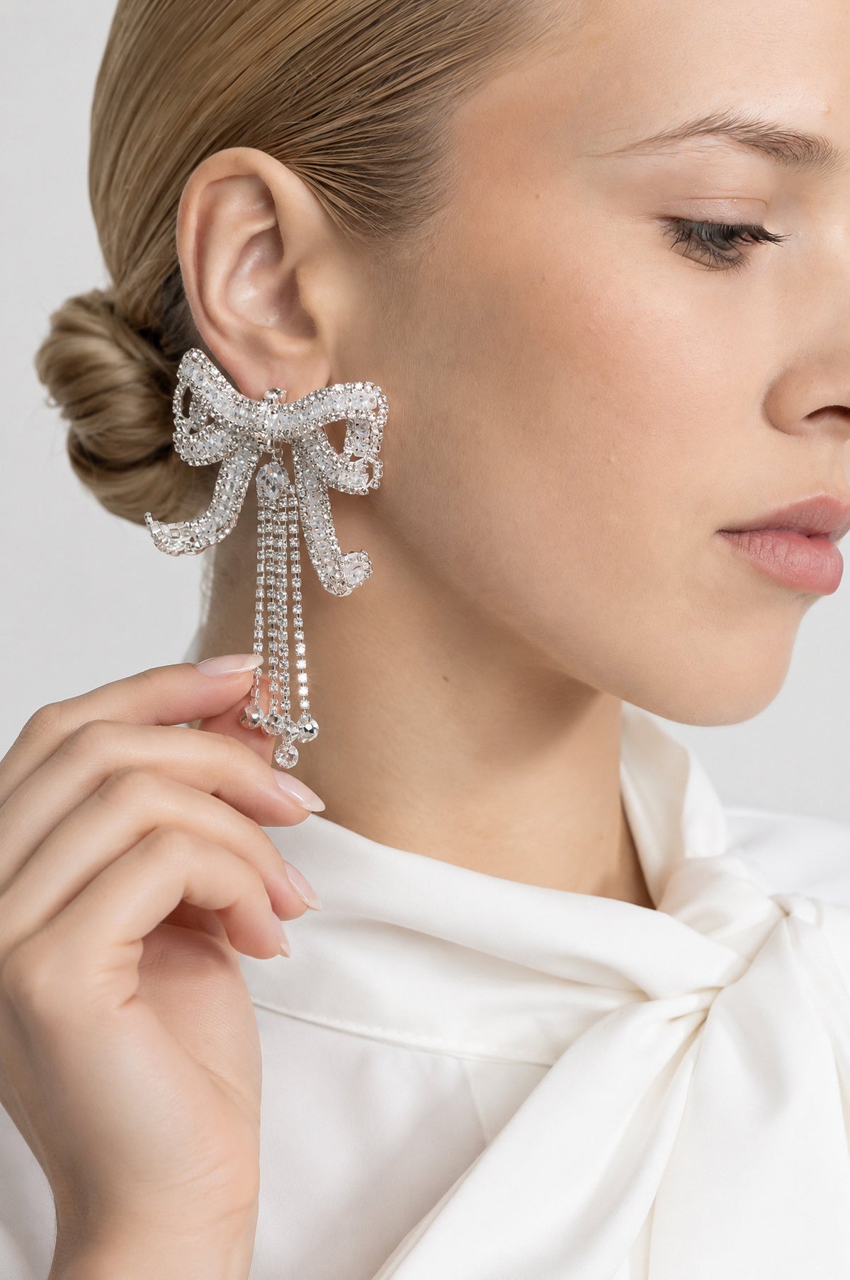 Viviane Silver Crystal Bow Fringe Drop Earrings