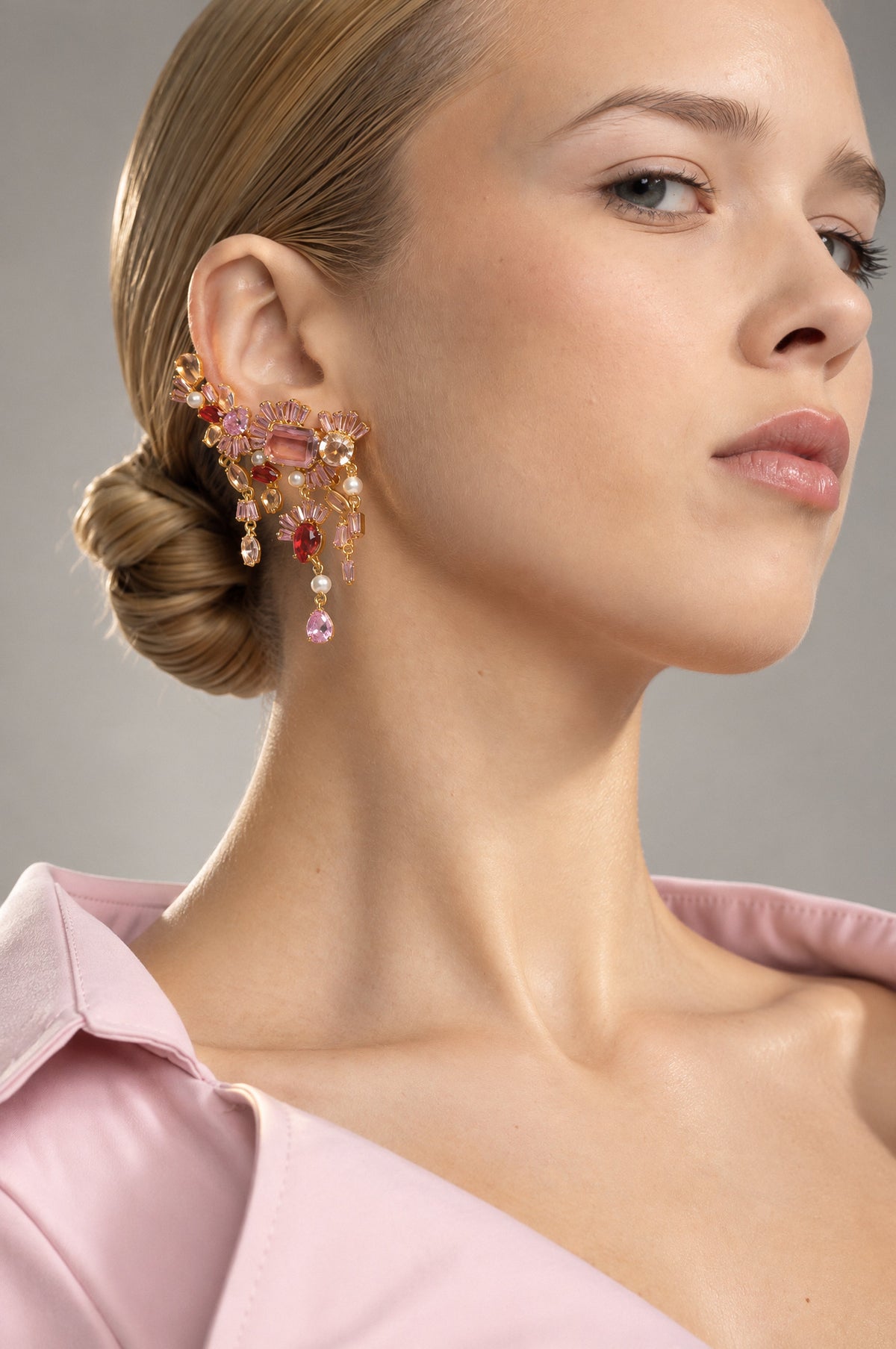 Rose Gold Pink Crystal Floral Cluster Drop Earrings